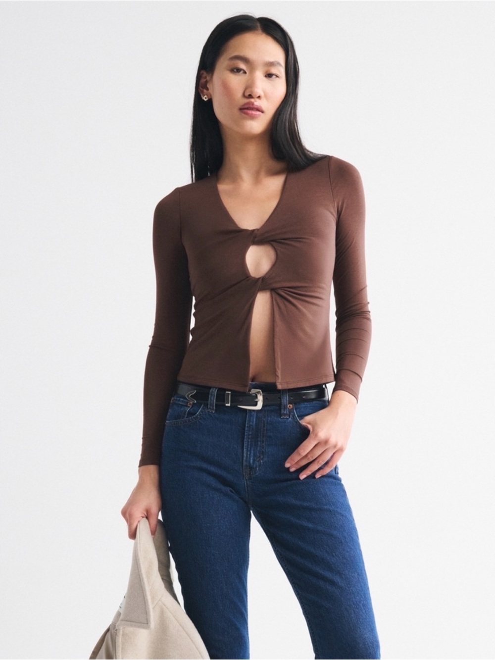Abercrombie & Fitch Brown Long-Sleeve Twist Front Top